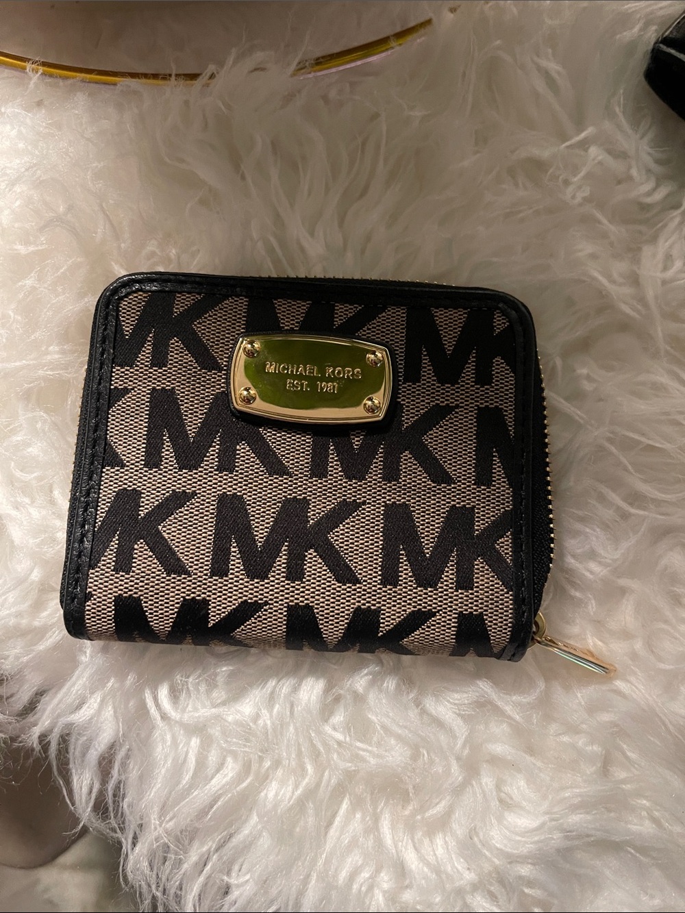 Michael Kors Black and Beige MK Logo Zip Around Wallet